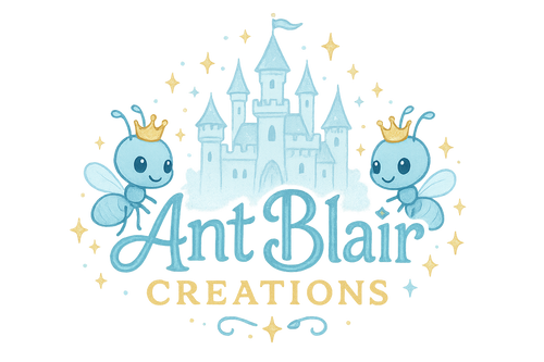 Our business name Ant Blair Creations, no background. Castle behind name. Make the colors light blue and gold. Make it cute and magical 
