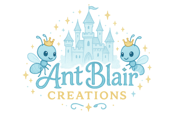 Our business name Ant Blair Creations, no background. Castle behind name. Make the colors light blue and gold. Make it cute and magical 